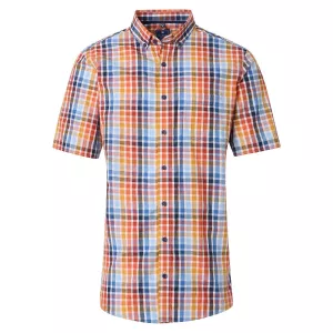 Chemise carreaux rouge orange bleu col boutonné manches courtes