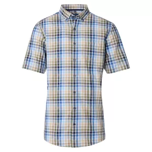 Chemise carreaux vert marron bleu col boutonné manches courtes
