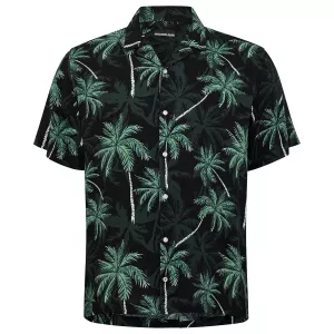 Chemise manche courte imprimé palmiers noire