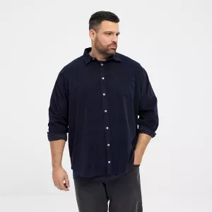 Chemise bleu nuit manche longue en velours côtelé-5XL