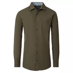 Chemise twill confort vert olive à détails carreaux