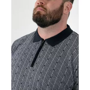 Polo jacquard graphique zippé bleu marine -3XL