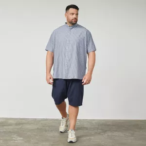 Chemise rayée Ligné bleu marine col mao léger-4XL